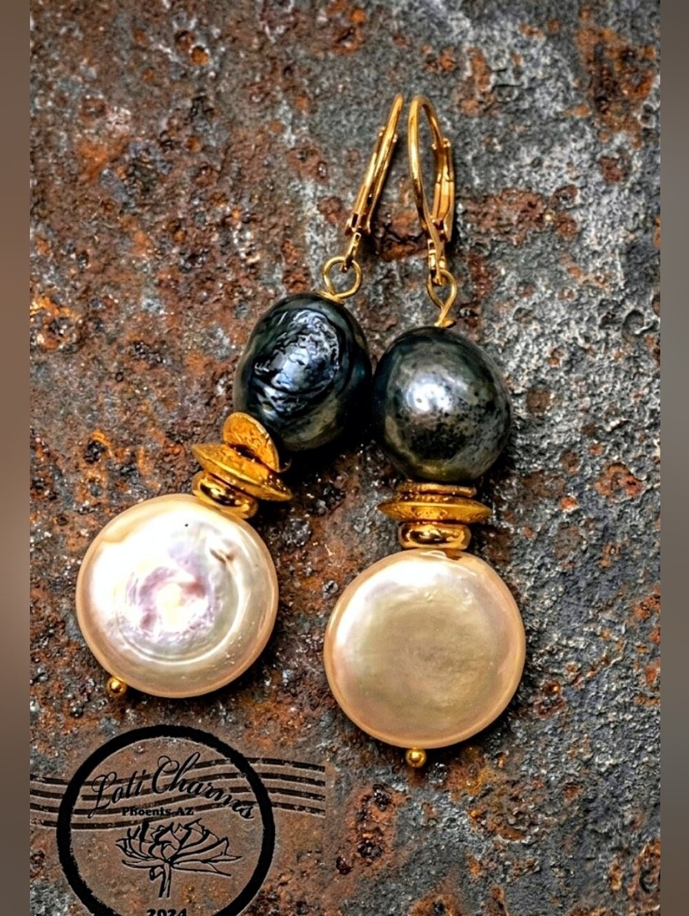 Teal Peacock Baroque Pearl & White Coin Pearl In Gold Plated Earrings